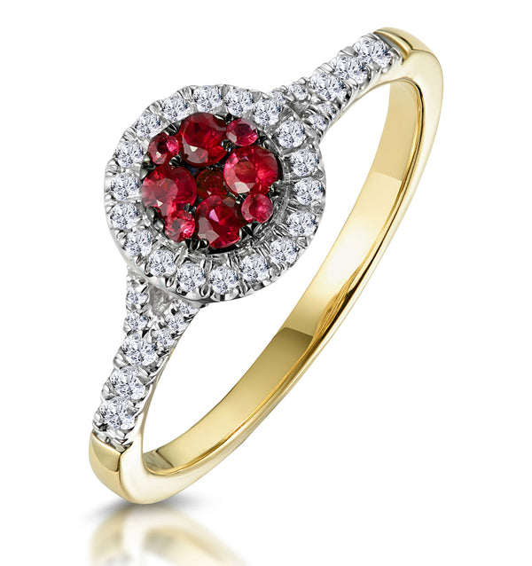 Ruby and Diamond Halo Circle Ring in 18K Gold - Asteria Collection